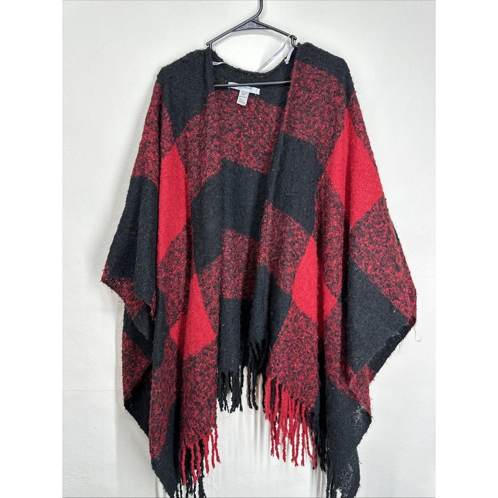 Marc New York Women's Tartan Cape Scarf Red Black Plaid Fringed Wrap Armholes